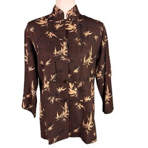 Silkland Asian Inspired Silk Blouse Jacket Medium Brown Leaf Print